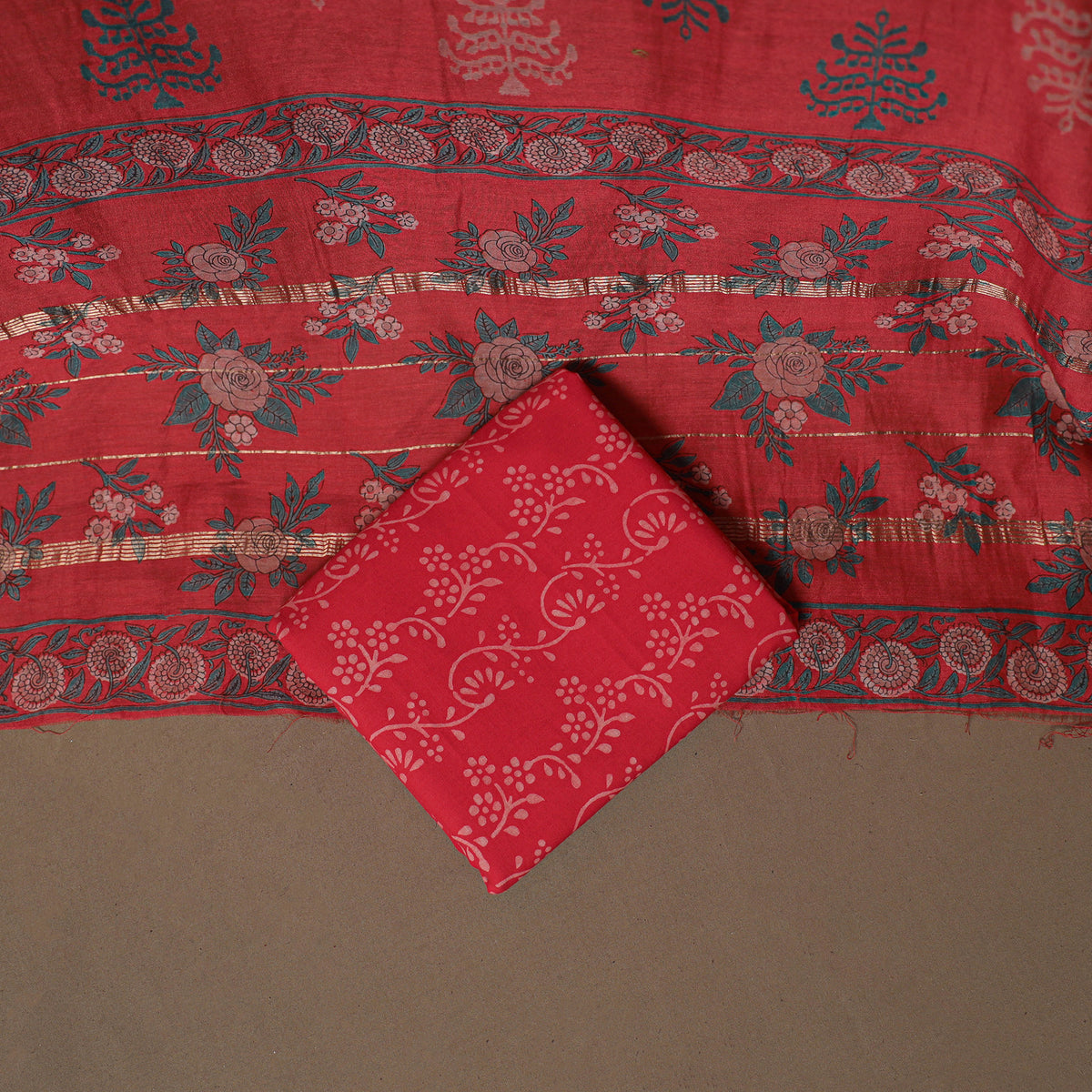 Floral Sanganeri Print Maheshwari Silk Unstitched Dress Material: Kurta, Bottom & Dupatta 04