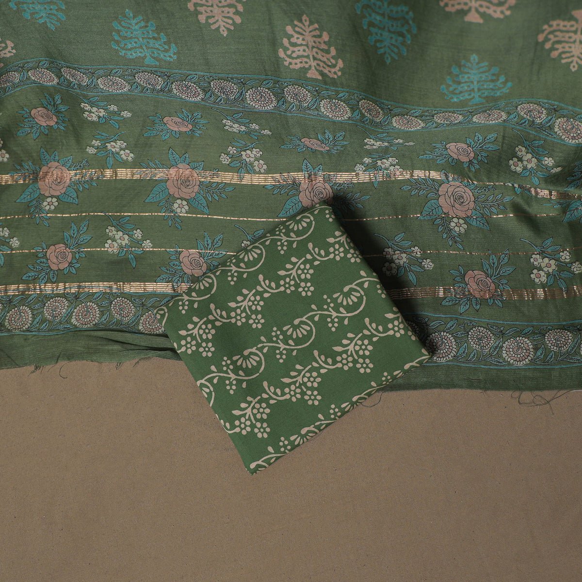 Floral Sanganeri Print Maheshwari Silk Unstitched Dress Material: Kurta, Bottom & Dupatta 05
