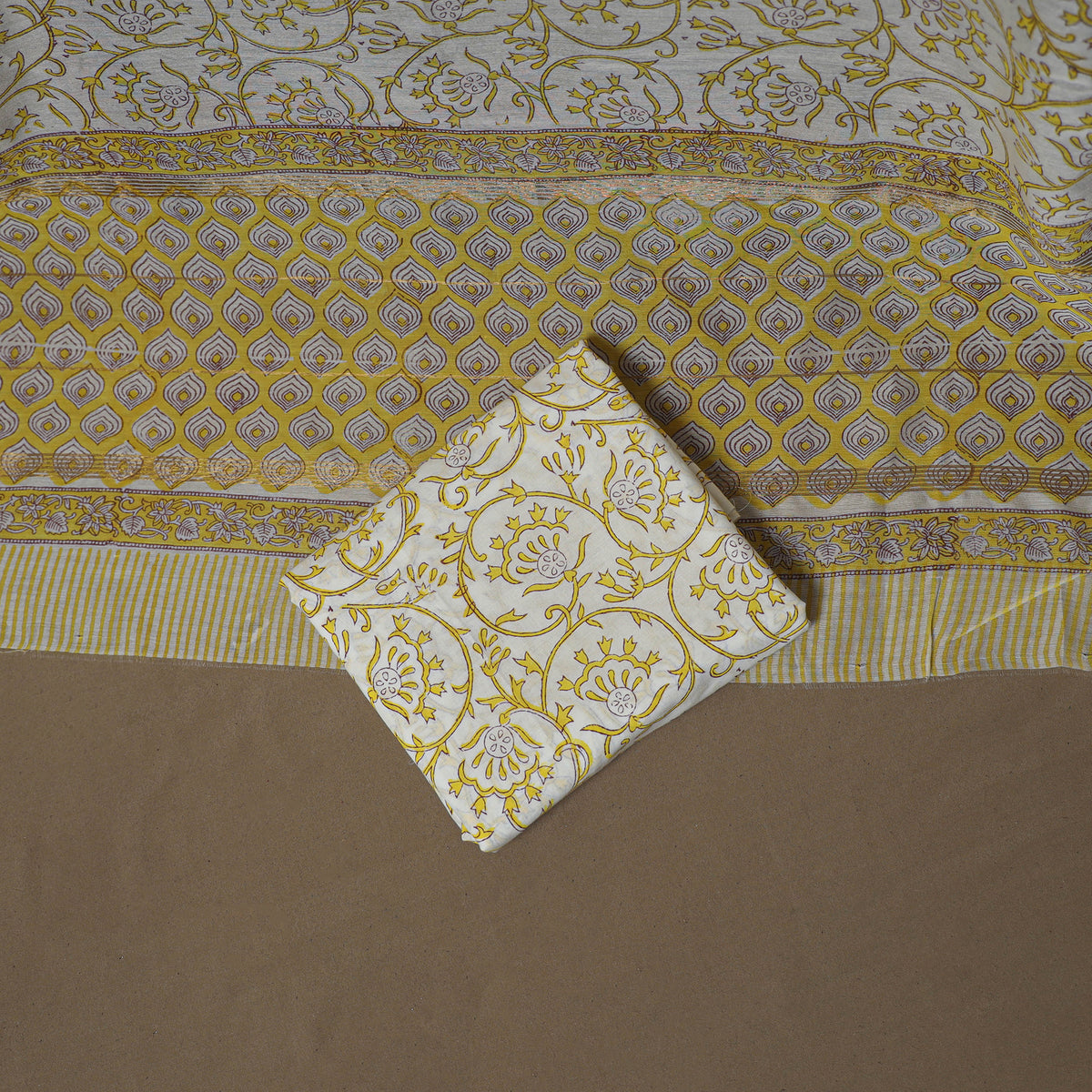 Floral Sanganeri Print Maheshwari Silk Unstitched Dress Material: Kurta, Bottom & Dupatta 06