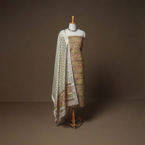 Floral Sanganeri Print Maheshwari Silk Unstitched Dress Material: Kurta, Bottom & Dupatta 07