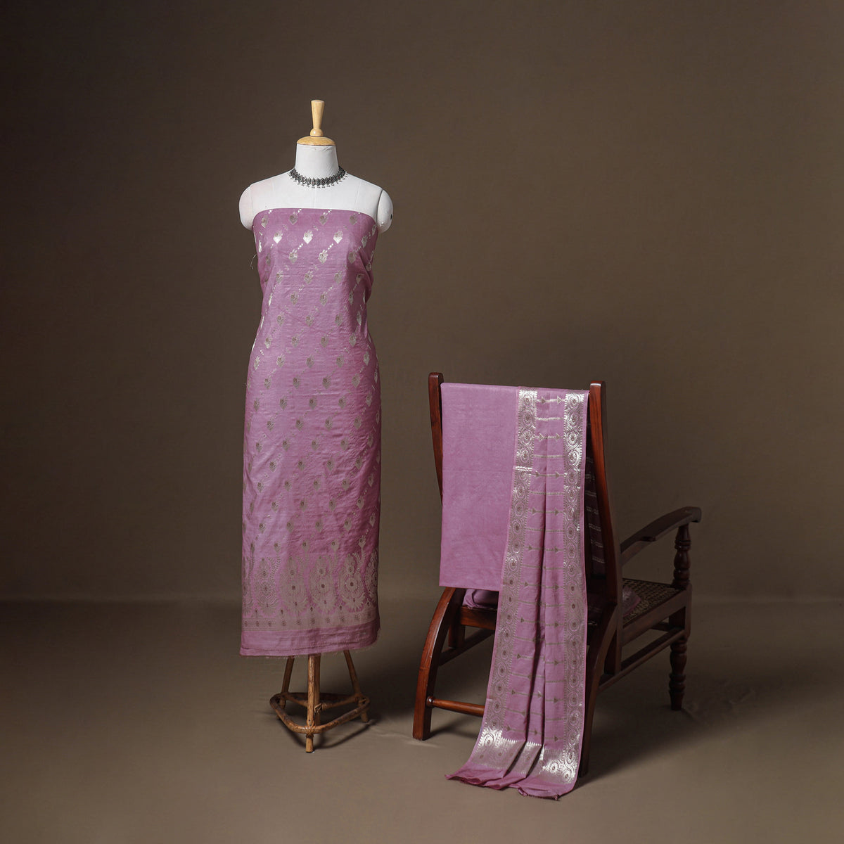 Banarasi Silk Cotton Zari Work Unstitched Dress Material: Kurta, Bottom & Dupatta 15