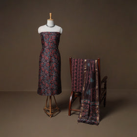 Floral Sanganeri Print Maheshwari Silk Unstitched Dress Material: Kurta, Bottom & Dupatta 09