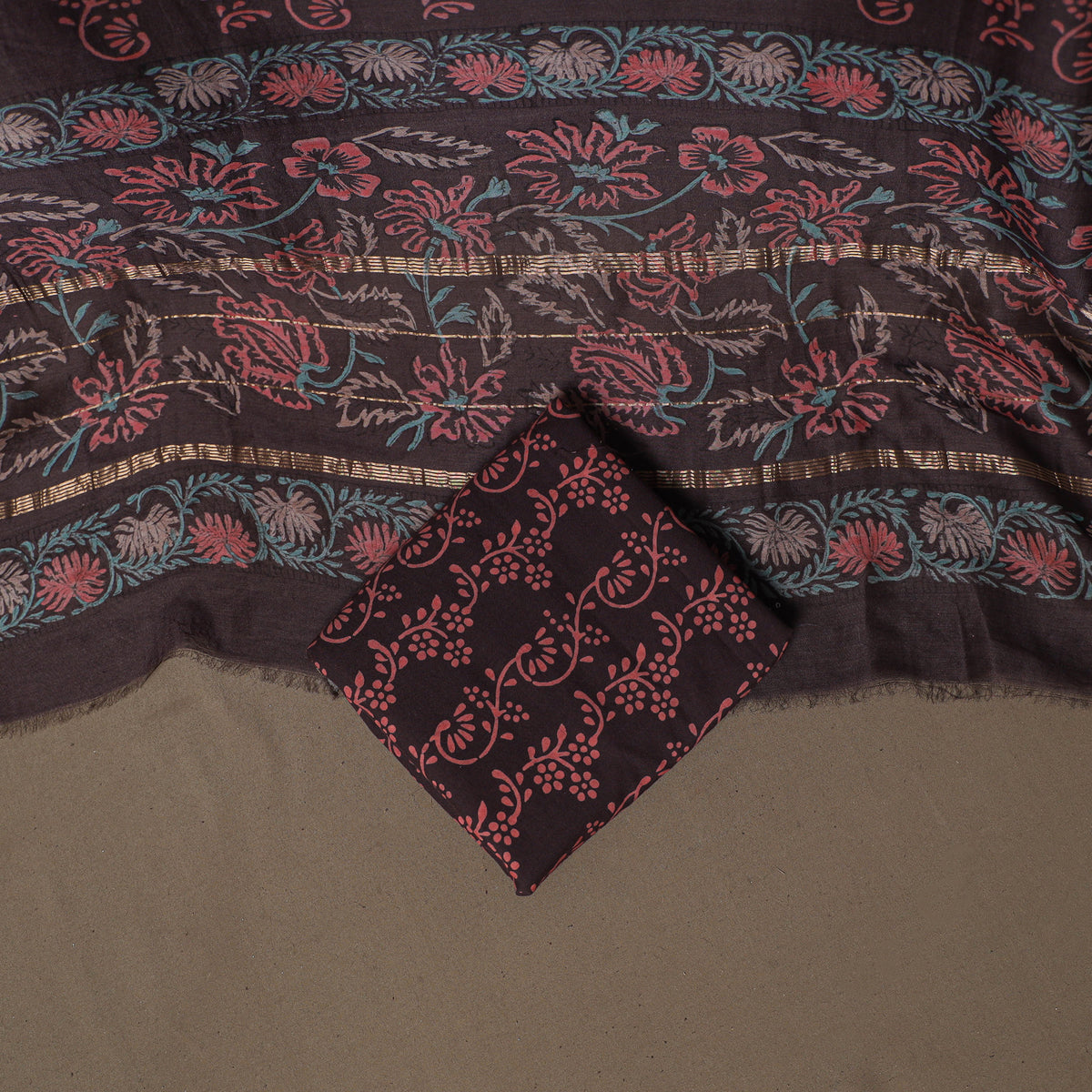 Floral Sanganeri Print Maheshwari Silk Unstitched Dress Material: Kurta, Bottom & Dupatta 09
