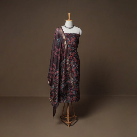 Floral Sanganeri Print Maheshwari Silk Unstitched Dress Material: Kurta, Bottom & Dupatta 09