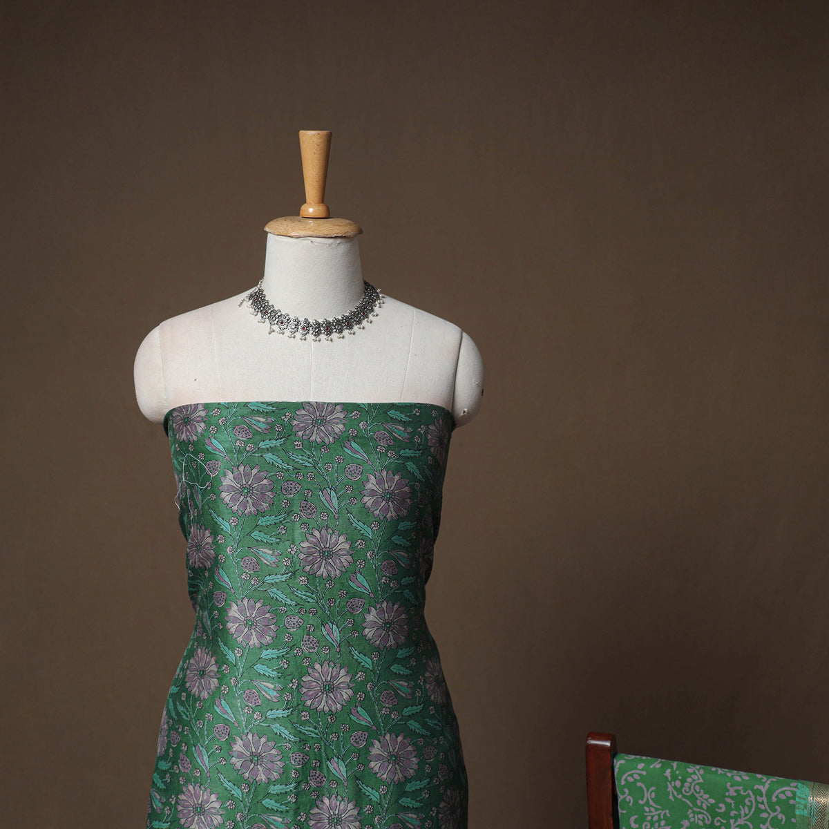 Floral Sanganeri Print Maheshwari Silk Unstitched Dress Material: Kurta, Bottom & Dupatta 10