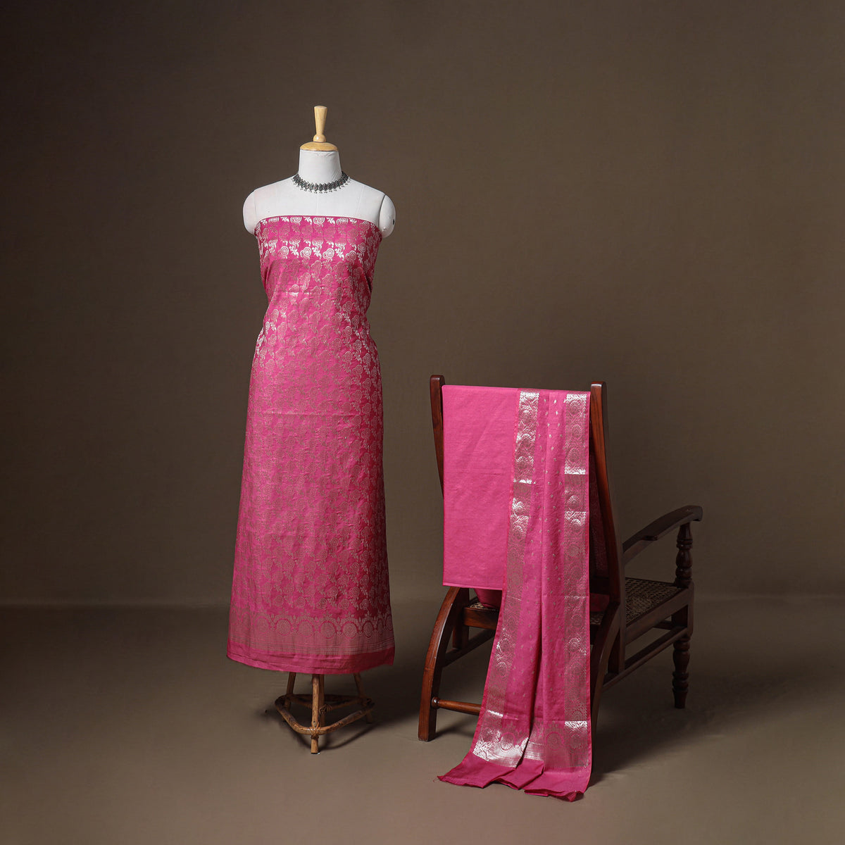 Banarasi Silk Cotton Zari Work Unstitched Dress Material: Kurta, Bottom & Dupatta 17