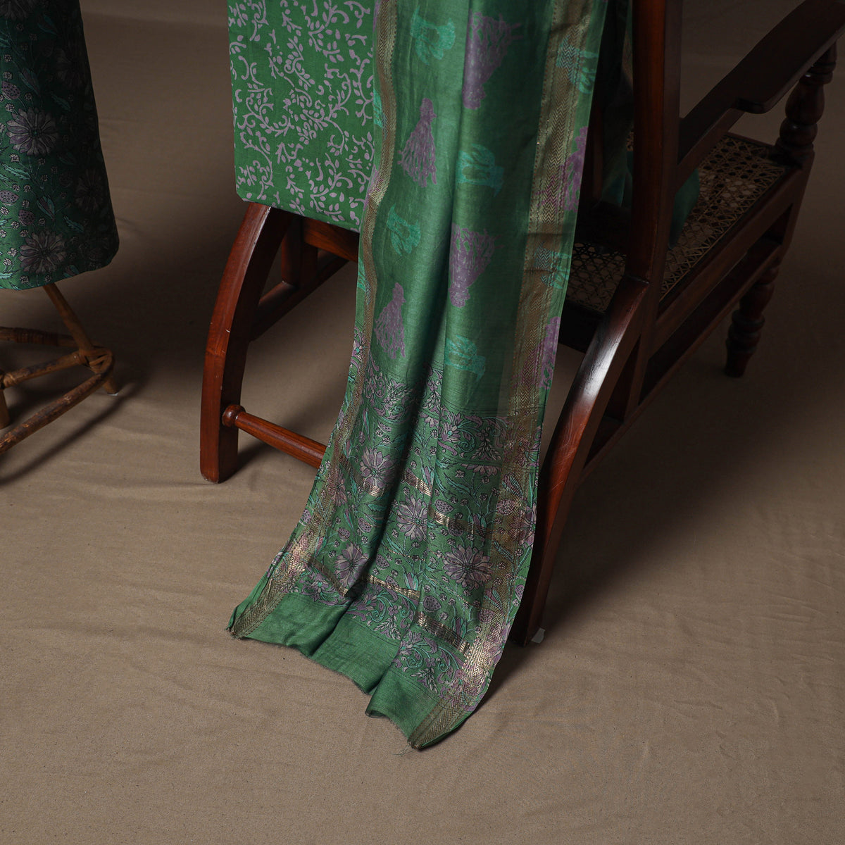 Floral Sanganeri Print Maheshwari Silk Unstitched Dress Material: Kurta, Bottom & Dupatta 10