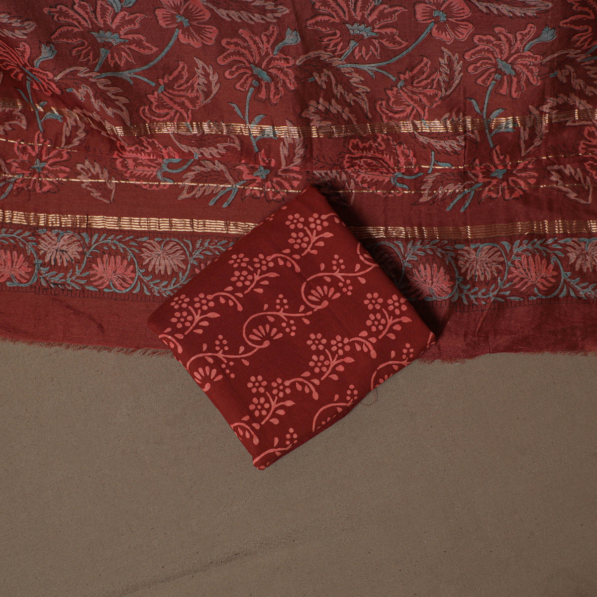 Floral Sanganeri Print Maheshwari Silk Unstitched Dress Material: Kurta, Bottom & Dupatta 11