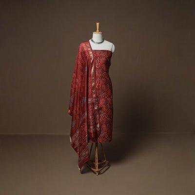Floral Sanganeri Print Maheshwari Silk Unstitched Dress Material: Kurta, Bottom & Dupatta 11