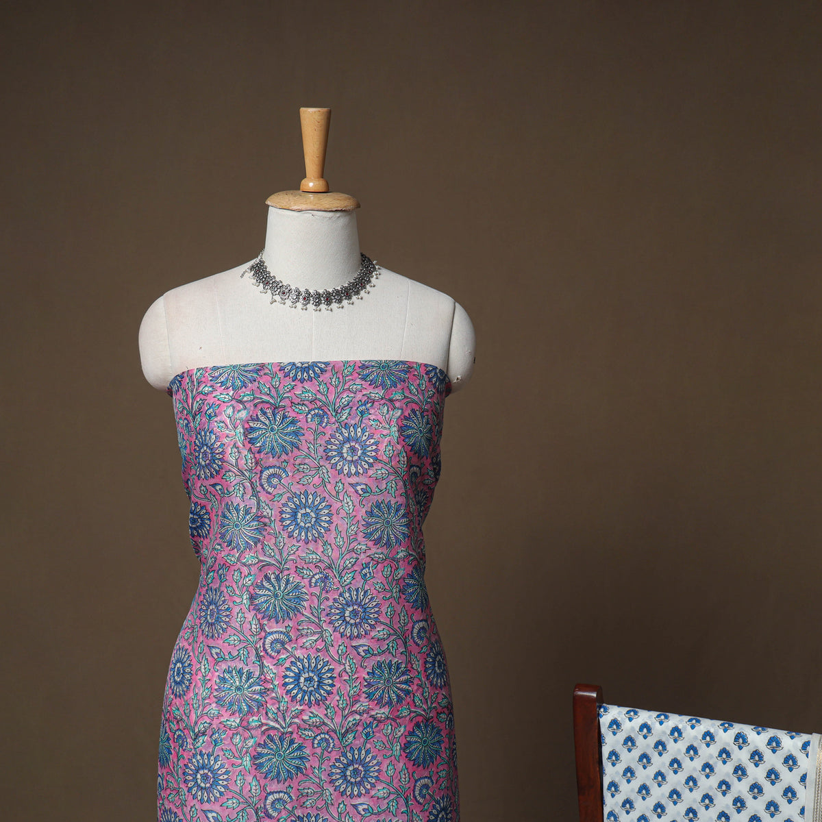 Floral Sanganeri Print Maheshwari Silk Unstitched Dress Material: Kurta, Bottom & Dupatta 12