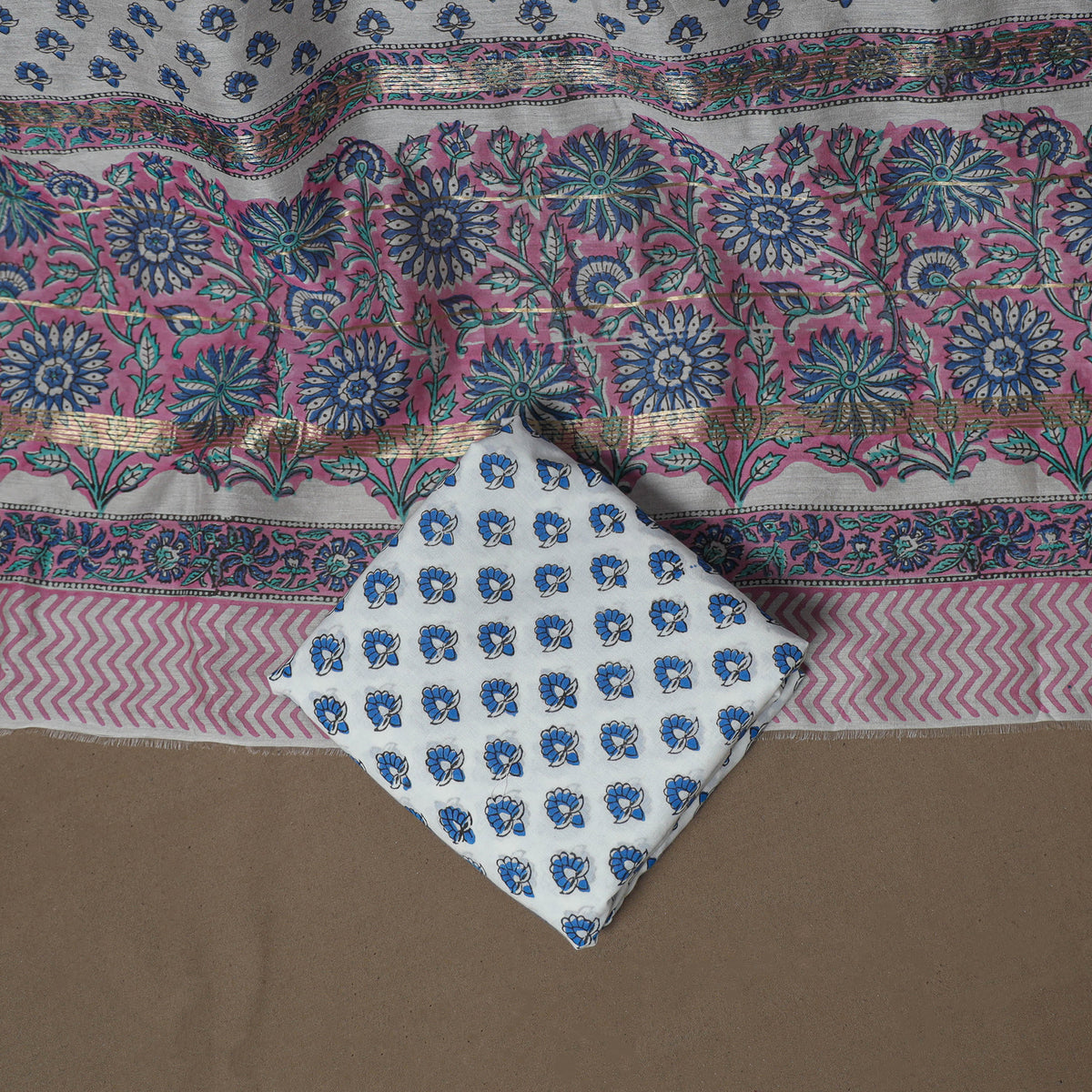 Floral Sanganeri Print Maheshwari Silk Unstitched Dress Material: Kurta, Bottom & Dupatta 12