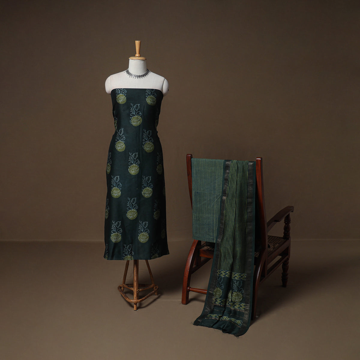 Hand Block Bagru Print Maheshwari Silk Unstitched Dress Material: Kurta, Bottom & Dupatta 13