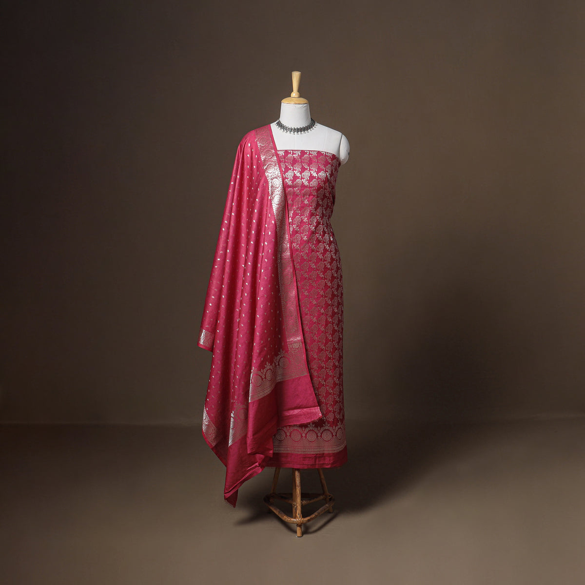 Banarasi silk cotton zari work unstitched dress material: