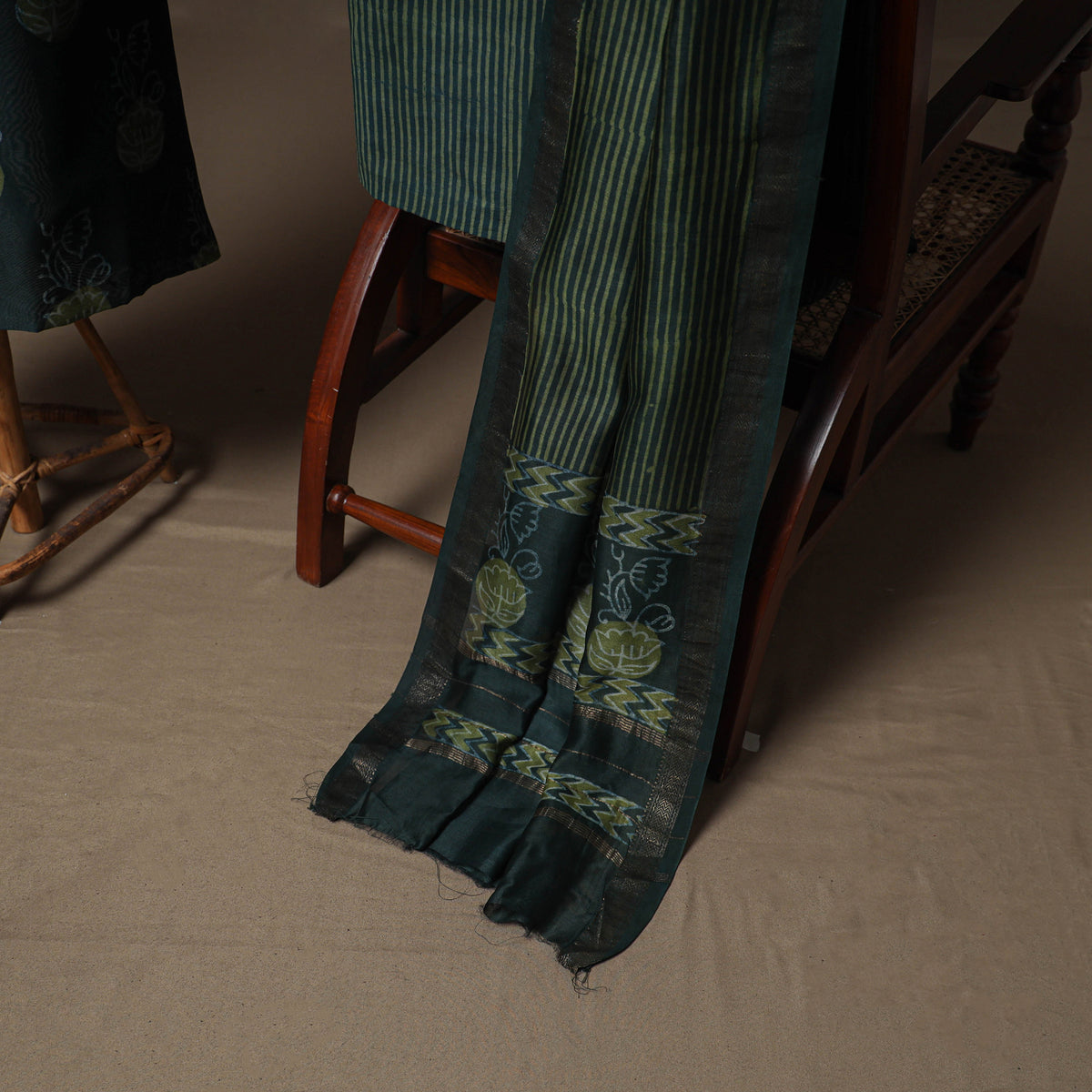 Hand Block Bagru Print Maheshwari Silk Unstitched Dress Material: Kurta, Bottom & Dupatta 13