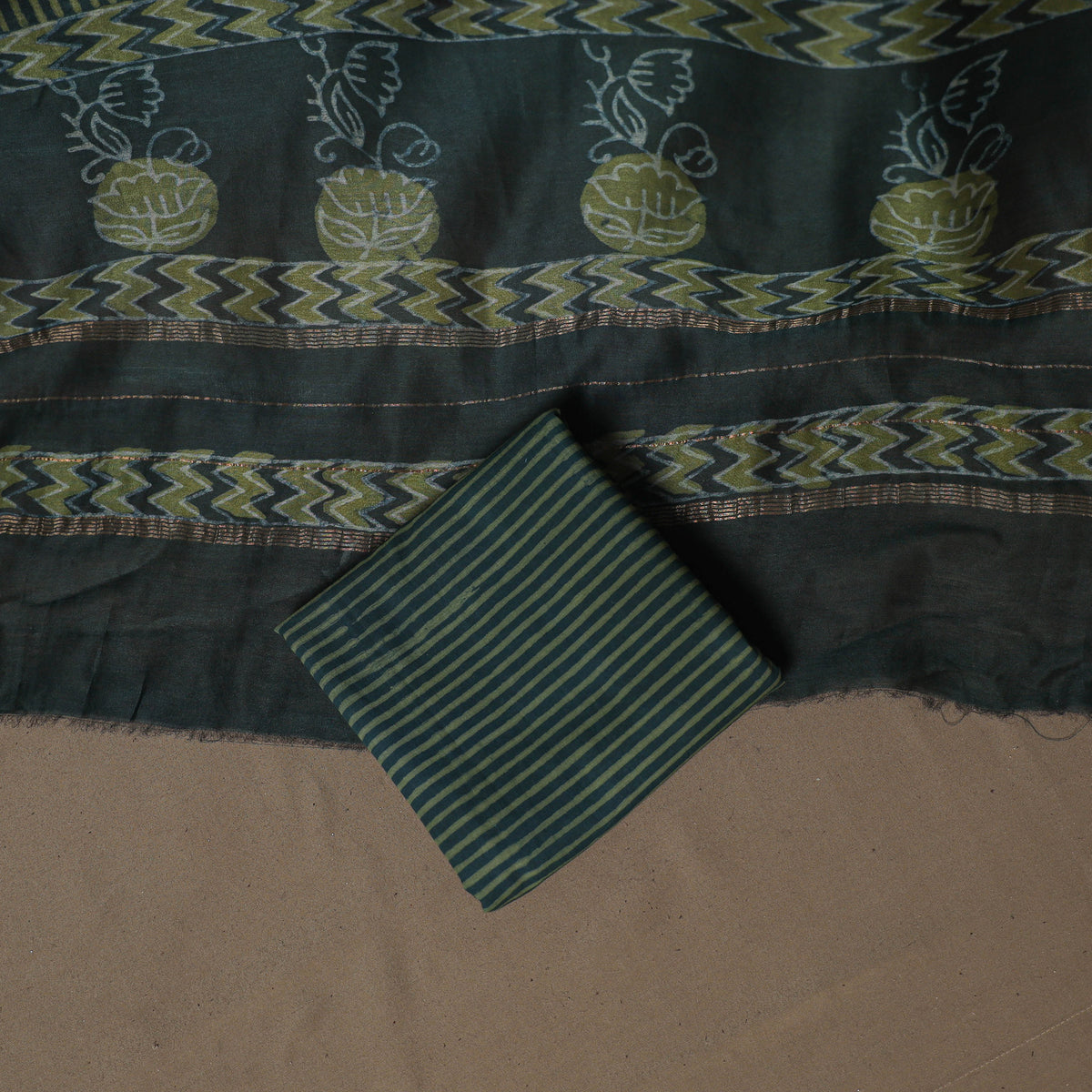 Hand Block Bagru Print Maheshwari Silk Unstitched Dress Material: Kurta, Bottom & Dupatta 13