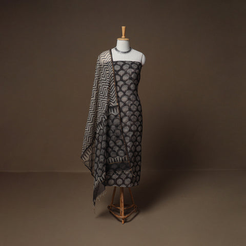 Hand Block Bagru Print Kota Doria Cotton Unstitched Dress Material: Kurta, Bottom & Dupatta 14
