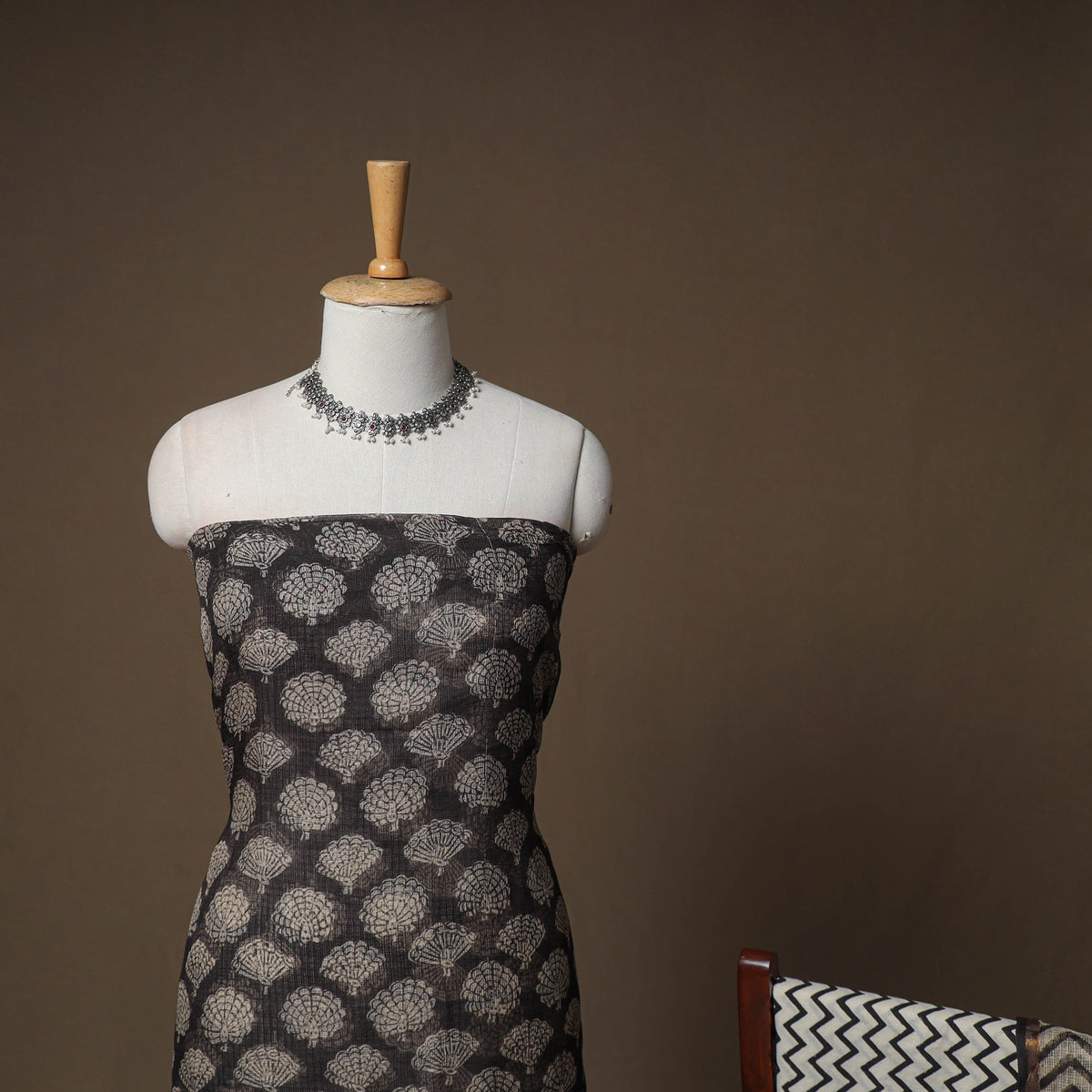 Hand Block Bagru Print Kota Doria Cotton Unstitched Dress Material: Kurta, Bottom & Dupatta 14