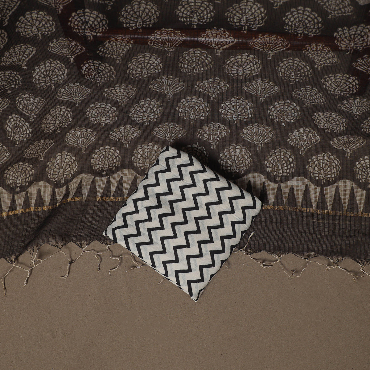 Hand Block Bagru Print Kota Doria Cotton Unstitched Dress Material: Kurta, Bottom & Dupatta 14
