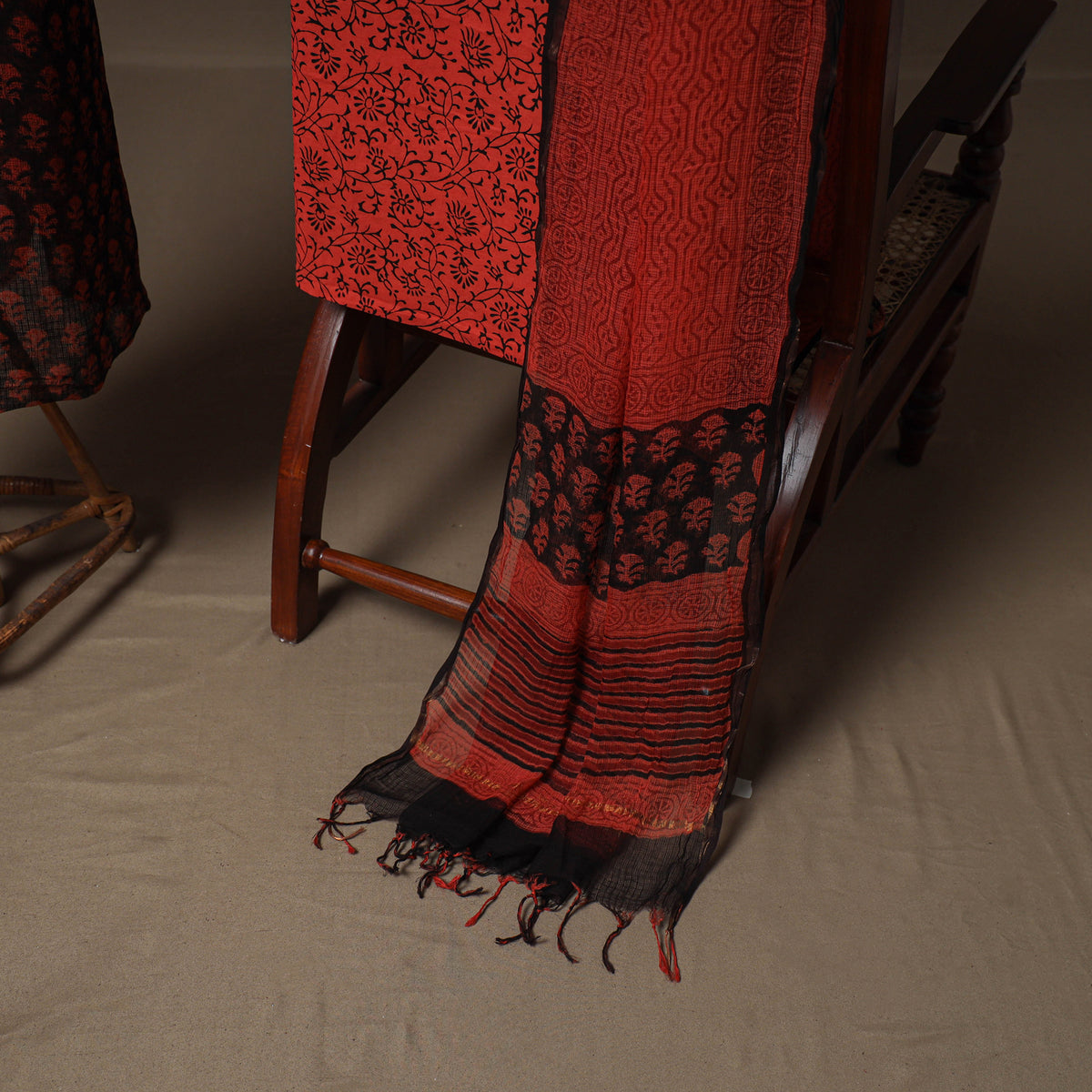Hand Block Bagru Print Kota Doria Cotton Unstitched Dress Material: Kurta, Bottom & Dupatta 15