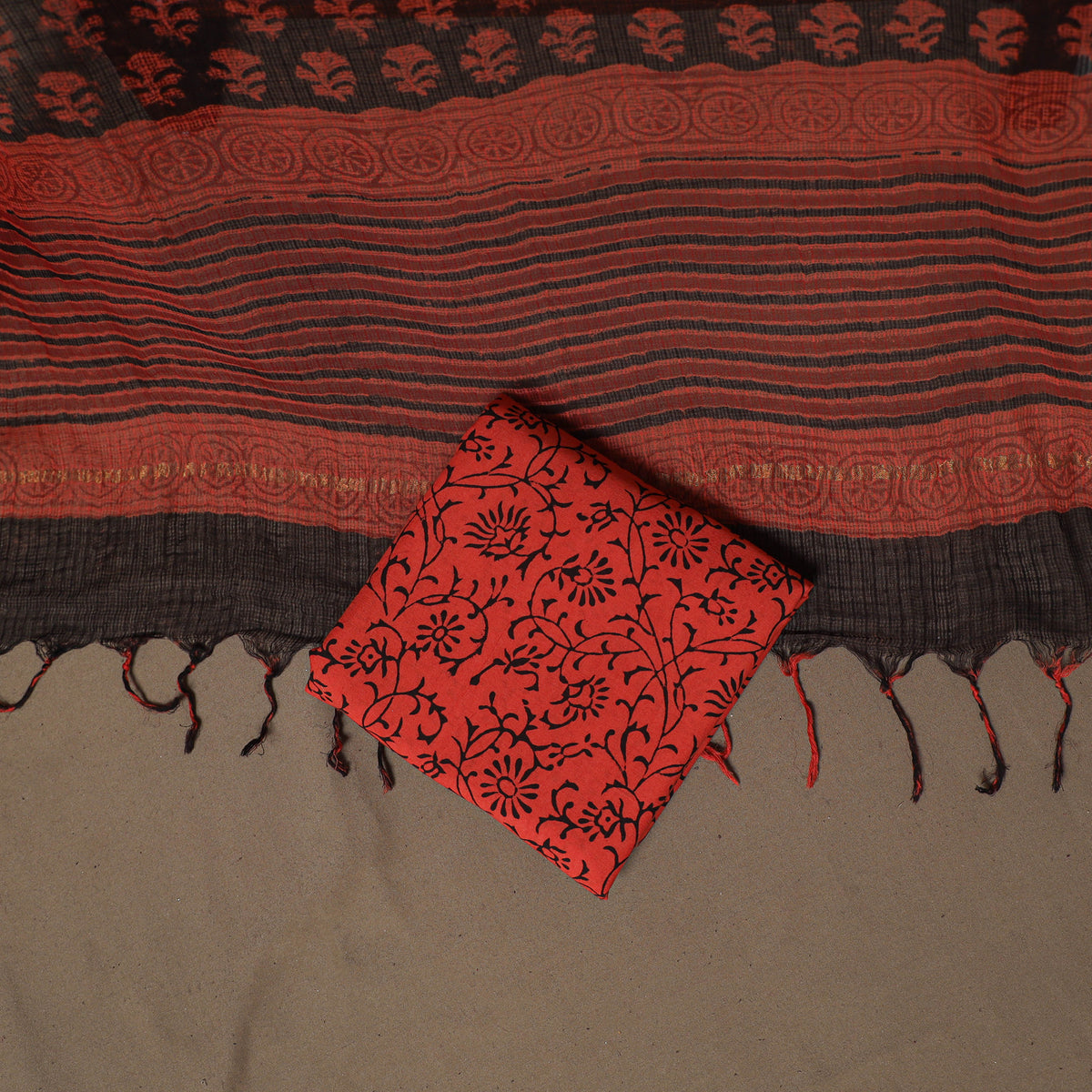 Hand Block Bagru Print Kota Doria Cotton Unstitched Dress Material: Kurta, Bottom & Dupatta 15