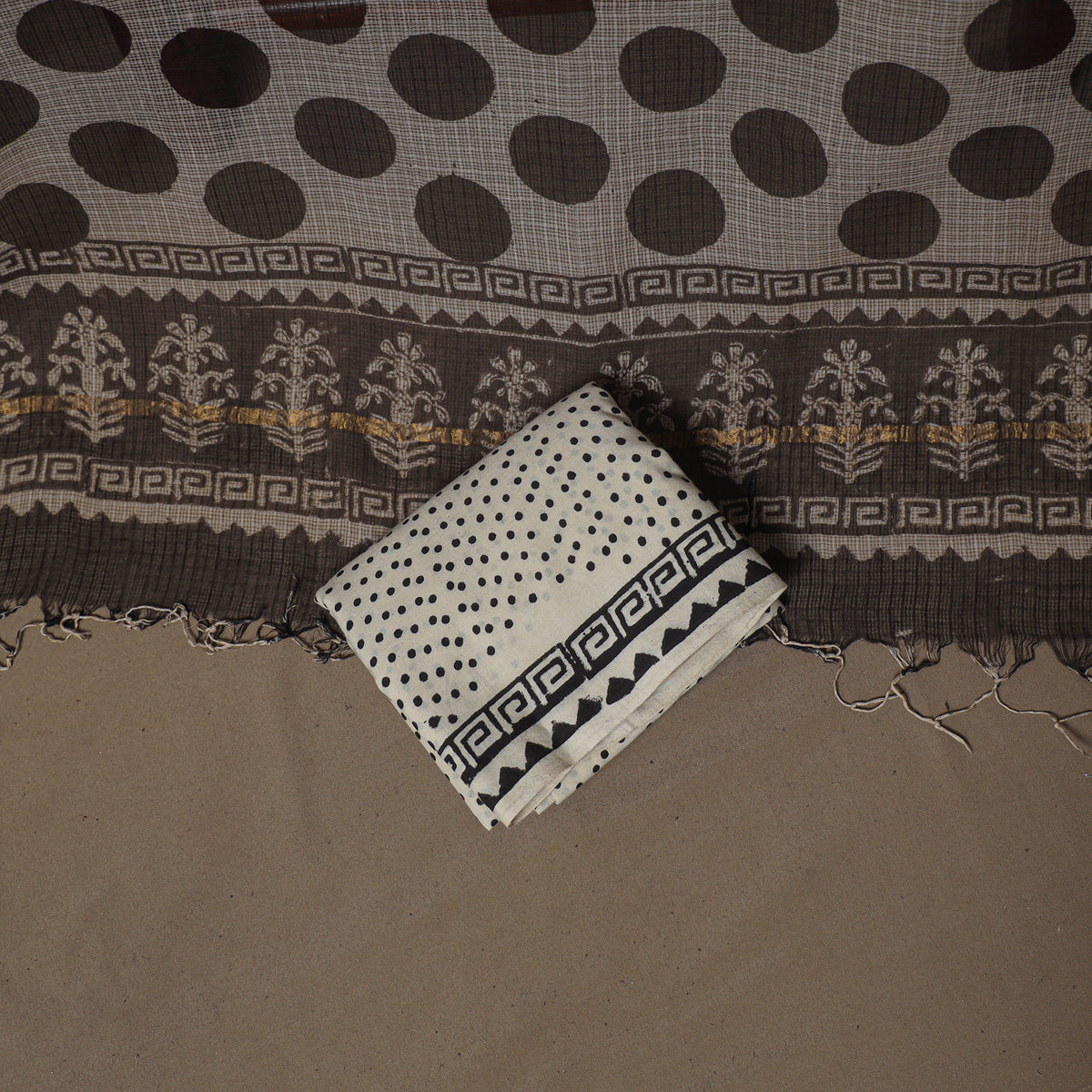 Hand Block Bagru Print Kota Doria Cotton Unstitched Dress Material: Kurta, Bottom & Dupatta 17