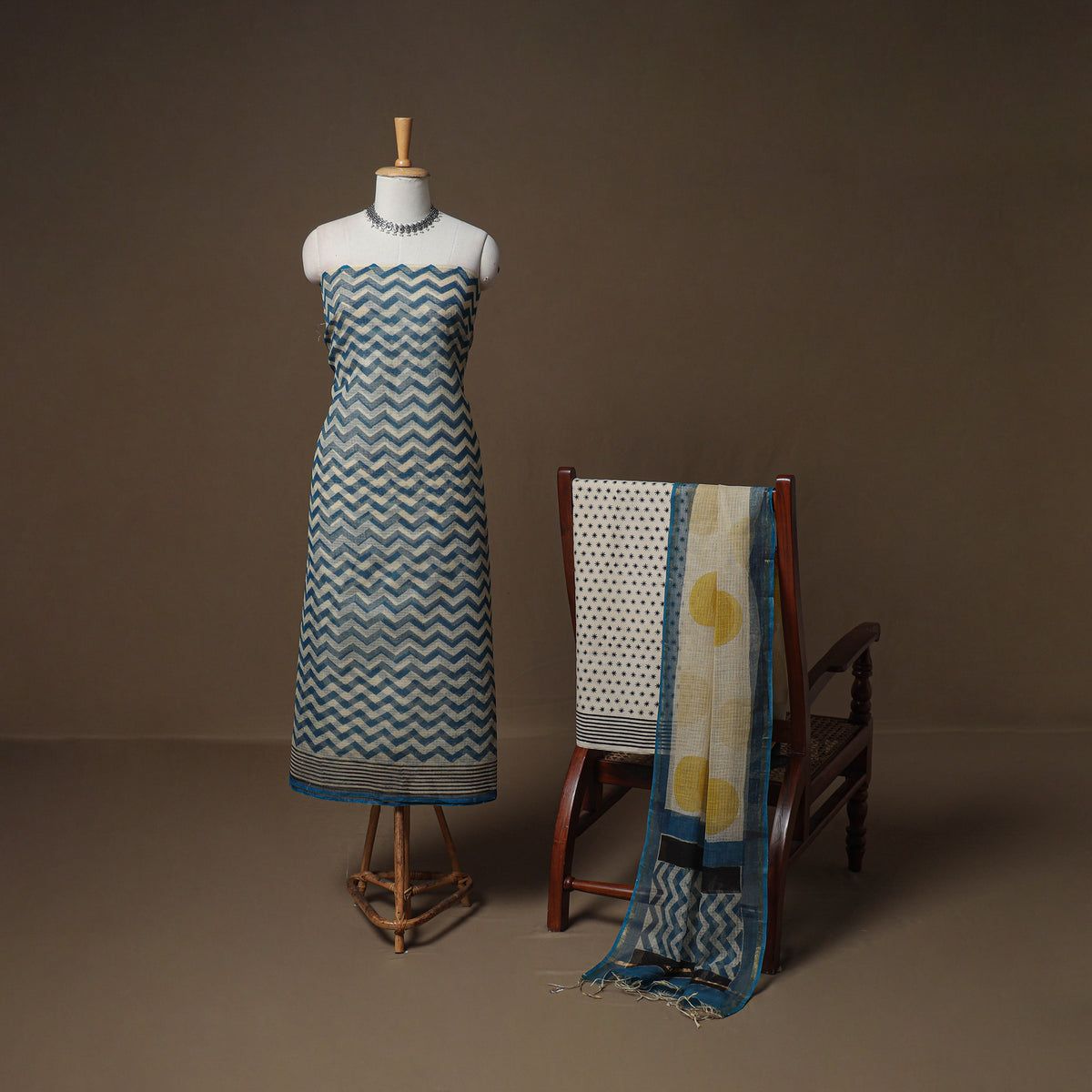 Hand Block Bagru Print Kota Doria Cotton Unstitched Dress Material: Kurta, Bottom & Dupatta 19