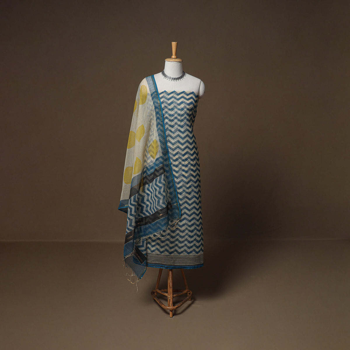 Hand Block Bagru Print Kota Doria Cotton Unstitched Dress Material: Kurta, Bottom & Dupatta 19