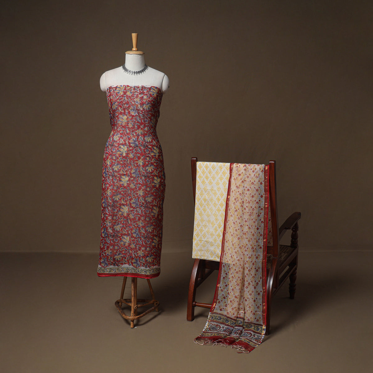 Hand Block Bagru Print Kota Doria Cotton Unstitched Dress Material: Kurta, Bottom & Dupatta 21