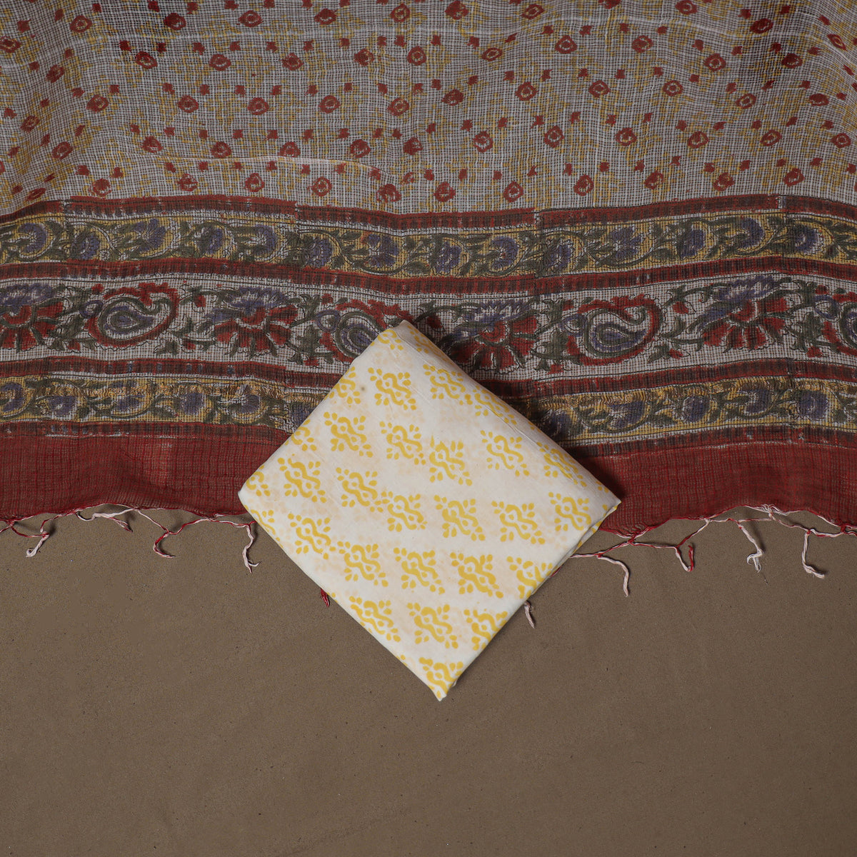 Hand Block Bagru Print Kota Doria Cotton Unstitched Dress Material: Kurta, Bottom & Dupatta 21