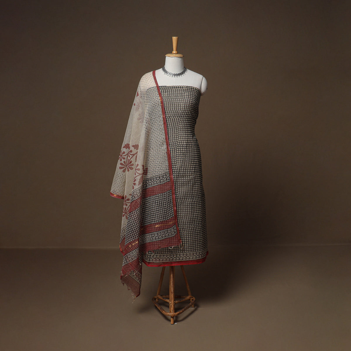 Hand Block Bagru Print Kota Doria Cotton Unstitched Dress Material: Kurta, Bottom & Dupatta 22
