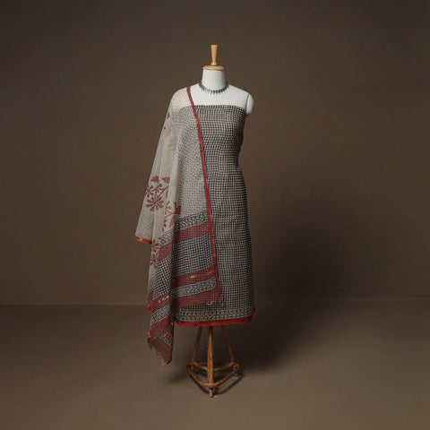 Hand Block Bagru Print Kota Doria Cotton Unstitched Dress Material: Kurta, Bottom & Dupatta 22