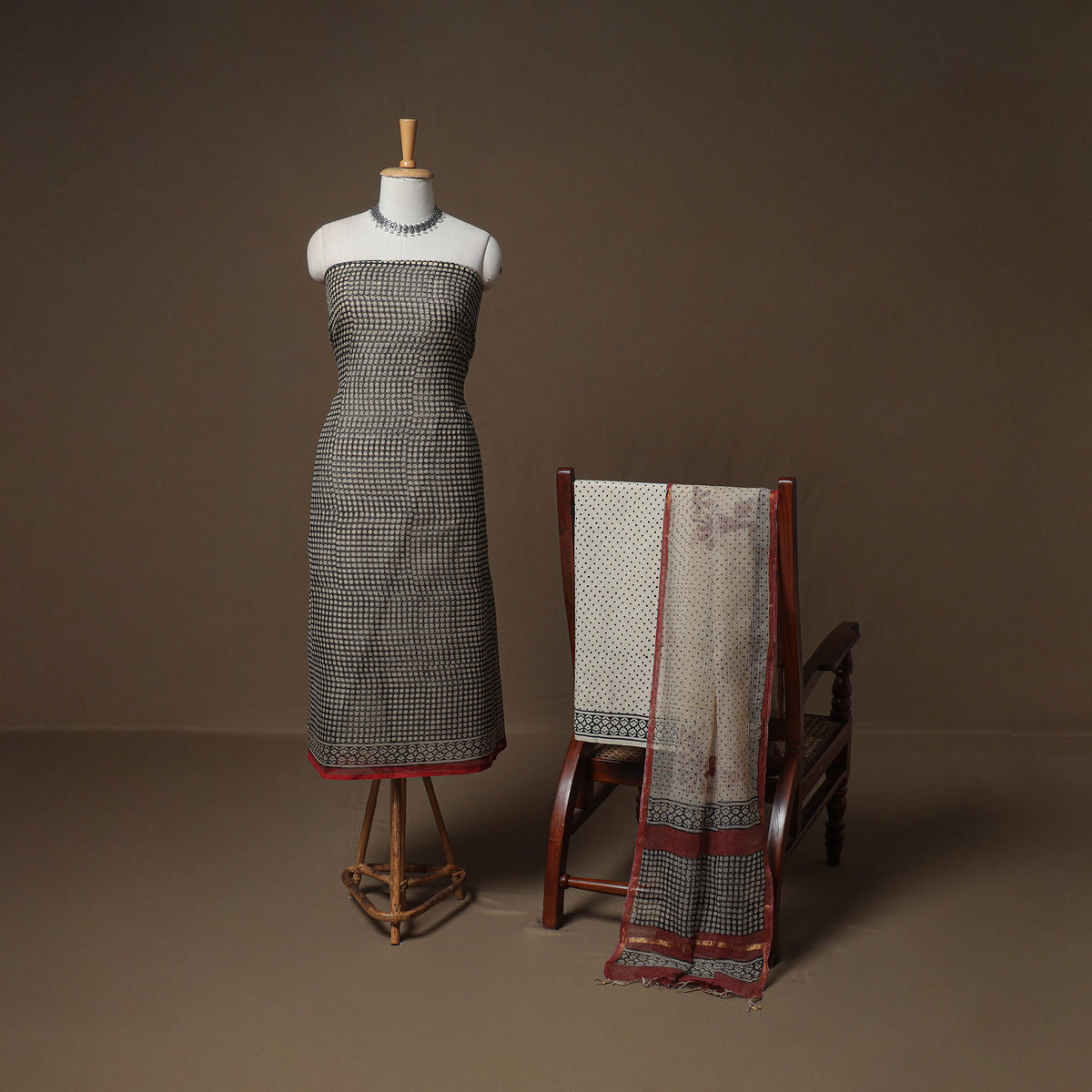 Hand Block Bagru Print Kota Doria Cotton Unstitched Dress Material: Kurta, Bottom & Dupatta 22