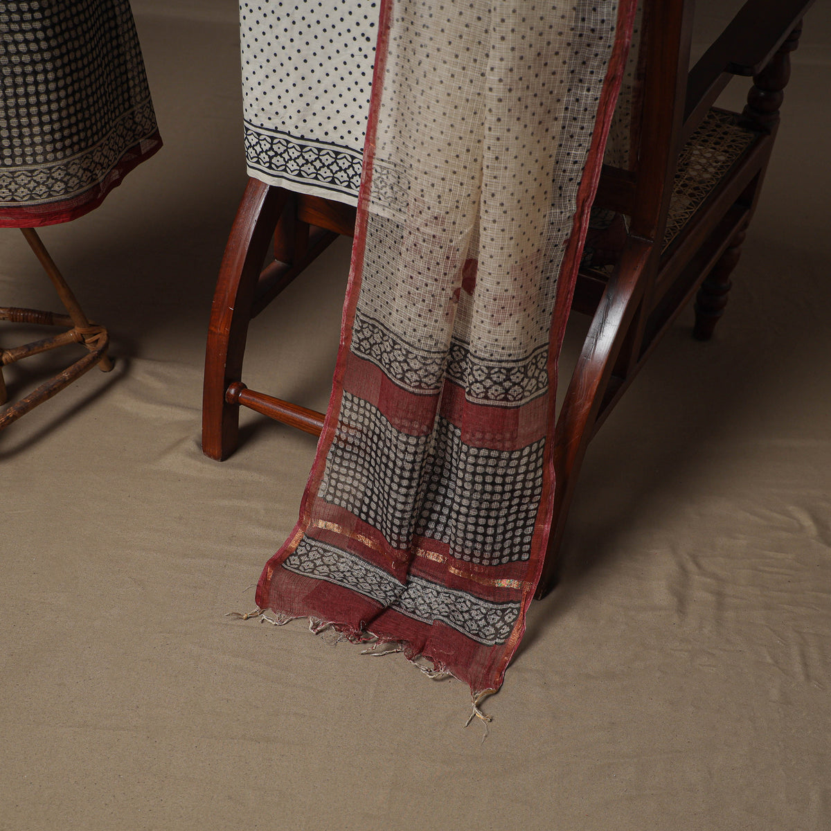 Hand Block Bagru Print Kota Doria Cotton Unstitched Dress Material: Kurta, Bottom & Dupatta 22