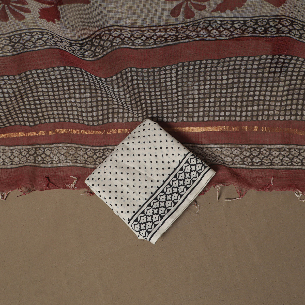 Hand Block Bagru Print Kota Doria Cotton Unstitched Dress Material: Kurta, Bottom & Dupatta 22