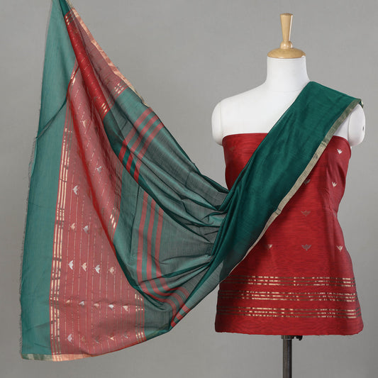 Red - 2pc Chanderi Silk Cotton Handloom Zari Buta Suit Material Set