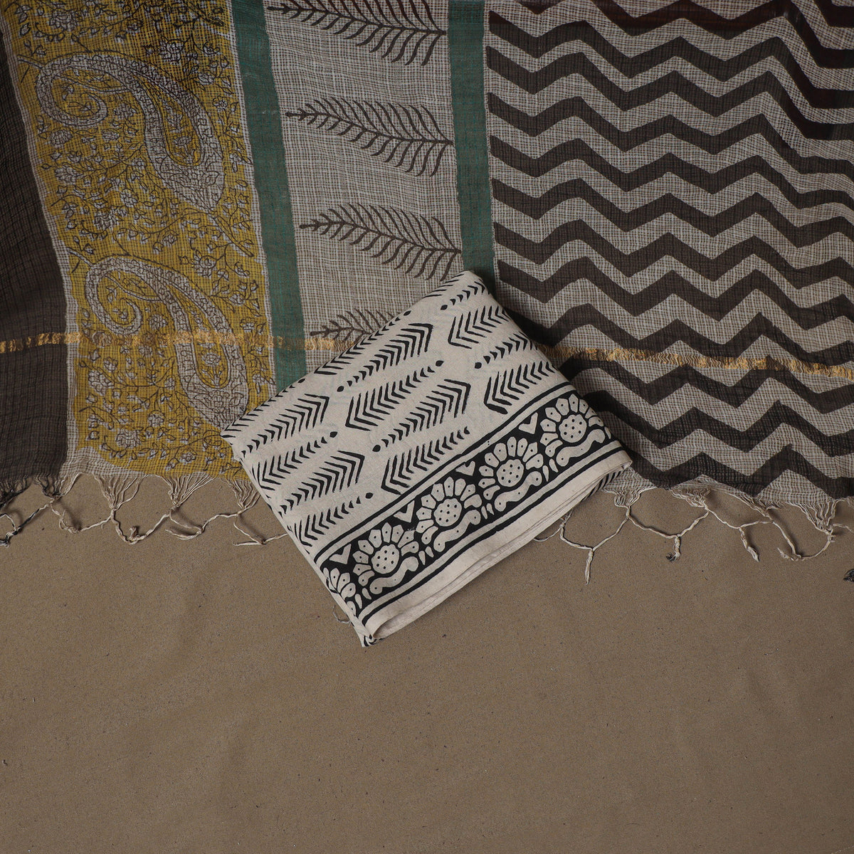 Hand Block Bagru Print Kota Doria Cotton Unstitched Dress Material: Kurta, Bottom & Dupatta 23