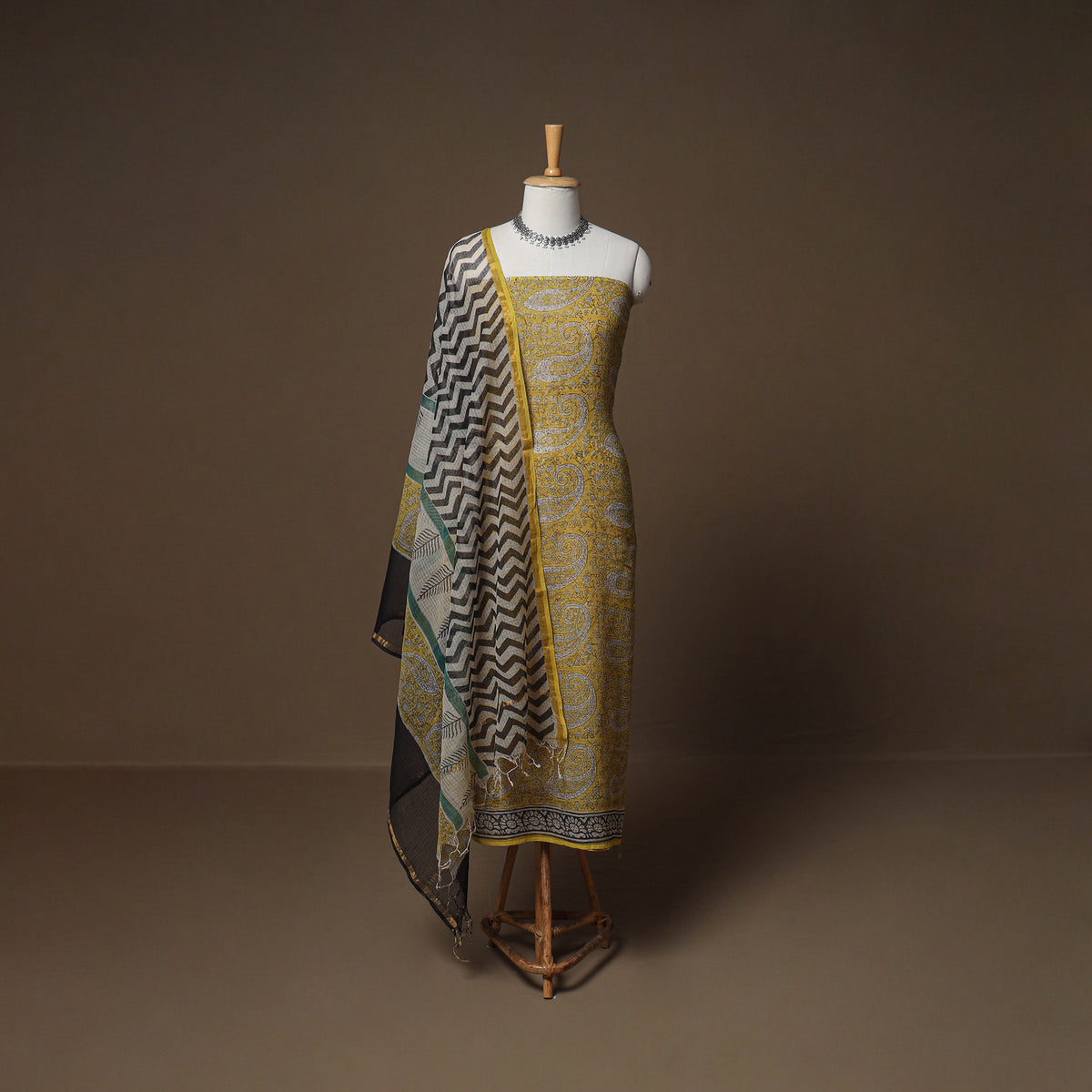 Hand Block Bagru Print Kota Doria Cotton Unstitched Dress Material: Kurta, Bottom & Dupatta 23