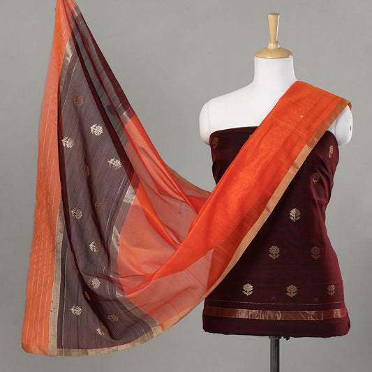 Brown - 2pc Chanderi Silk Cotton Handloom Zari Buta Suit Material Set
