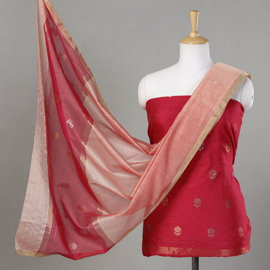 Red - 2pc Chanderi Silk Cotton Handloom Zari Buta Suit Material Set