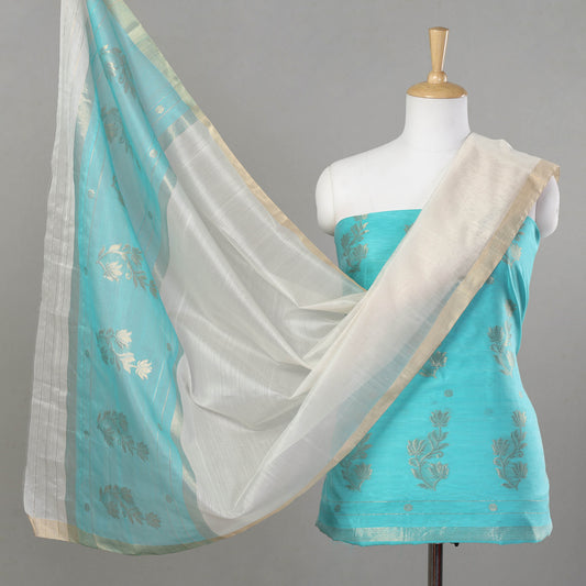 Green - 3pc Chanderi Silk Cotton Handloom Flower Zari Buta Suit Material Set