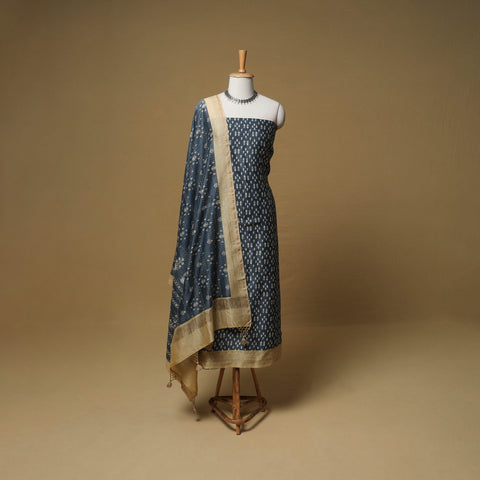 Grey - Floral Sanganeri Hand Block Print Chanderi silk Unstitched Dress Material: Kurta, Bottom & Dupatta 08