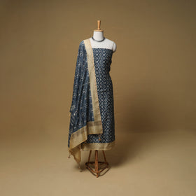 Floral Sanganeri Hand Block Print Chanderi silk Unstitched Dress Material: Kurta, Bottom & Dupatta 08