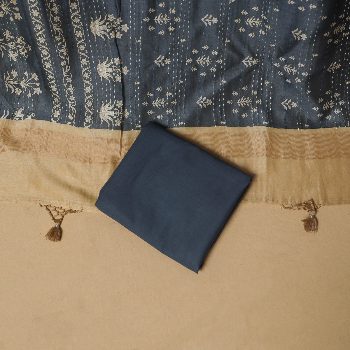 Floral Sanganeri Hand Block Print Chanderi silk Unstitched Dress Material: Kurta, Bottom & Dupatta 08