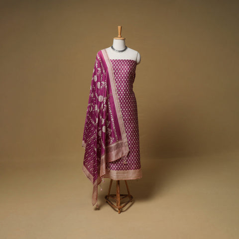 Purple - Floral Sanganeri Hand Block Print Chanderi silk Unstitched Dress Material: Kurta, Bottom & Dupatta 09