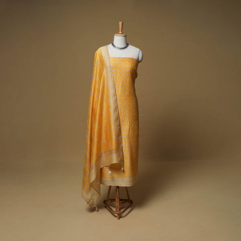 Yellow - Floral Sanganeri Hand Block Print Chanderi silk Unstitched Dress Material: Kurta, Bottom & Dupatta 10