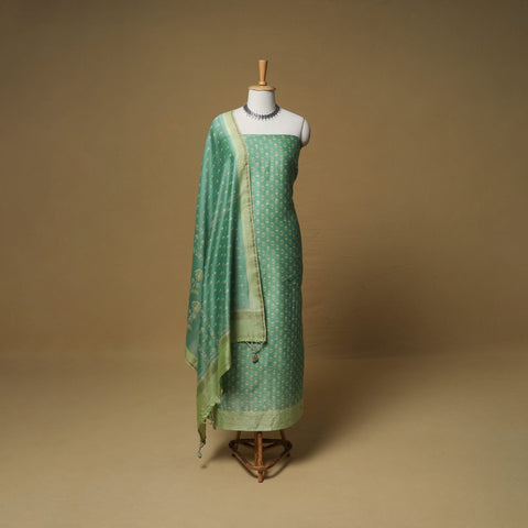 Green - Floral Sanganeri Hand Block Print Chanderi silk Unstitched Dress Material: Kurta, Bottom & Dupatta 11