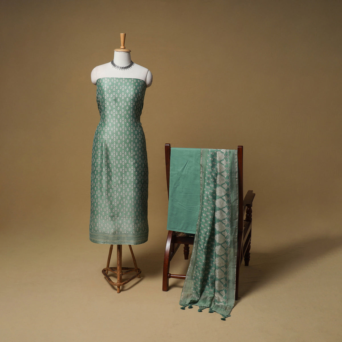 Floral Sanganeri Hand Block Print Chanderi silk Unstitched Dress Material: Kurta, Bottom & Dupatta 12