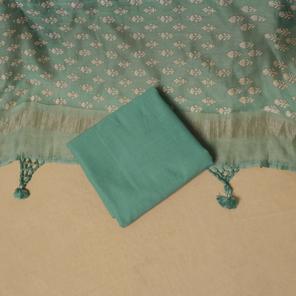 Floral Sanganeri Hand Block Print Chanderi silk Unstitched Dress Material: Kurta, Bottom & Dupatta 12