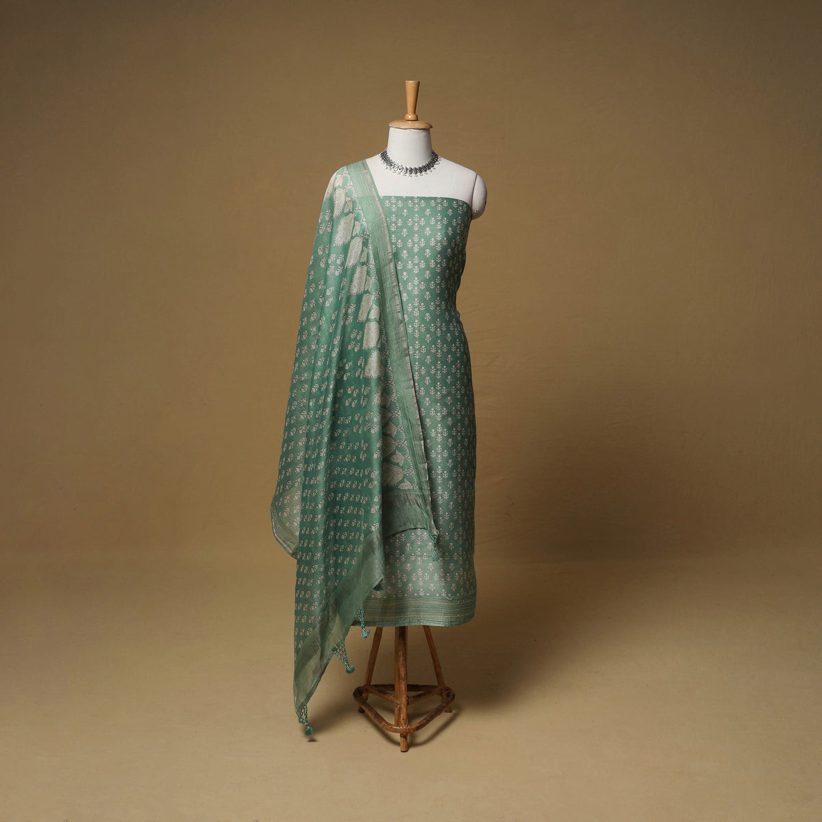 Floral Sanganeri Hand Block Print Chanderi silk Unstitched Dress Material: Kurta, Bottom & Dupatta 12