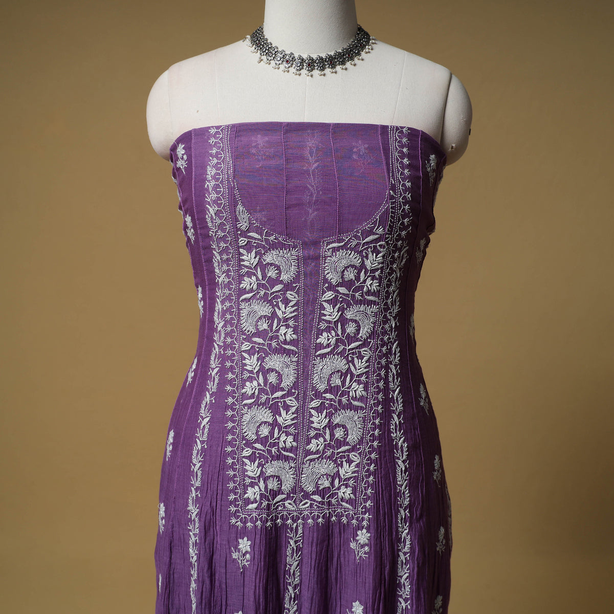 Lucknowi Chikankari Heavy Beadwork Mul Chanderi Semi Stitched Dress Material: Kurta with Dupatta 01